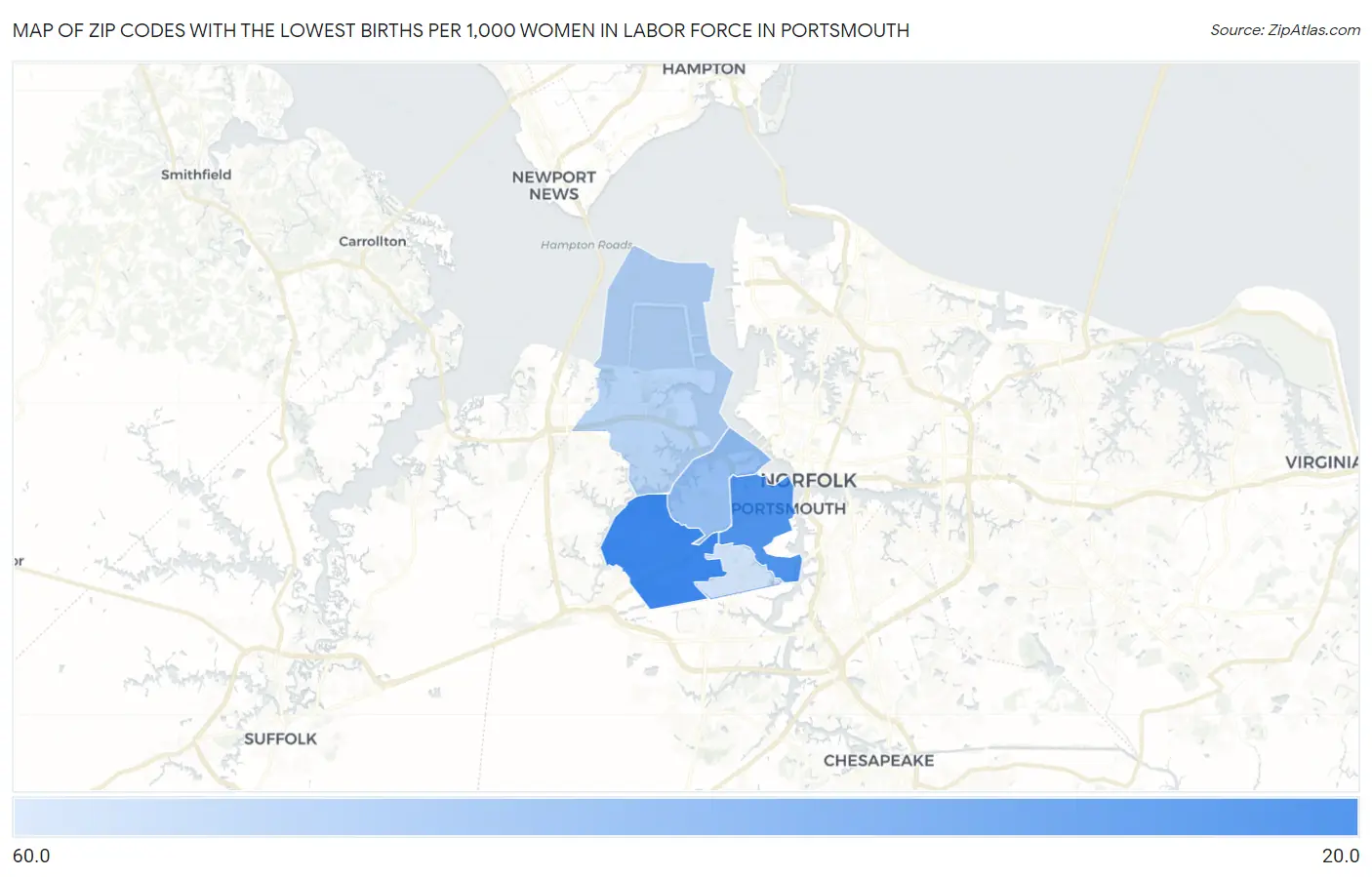 Zip Codes with the Lowest Births per 1,000 Women in Labor Force in Portsmouth Map