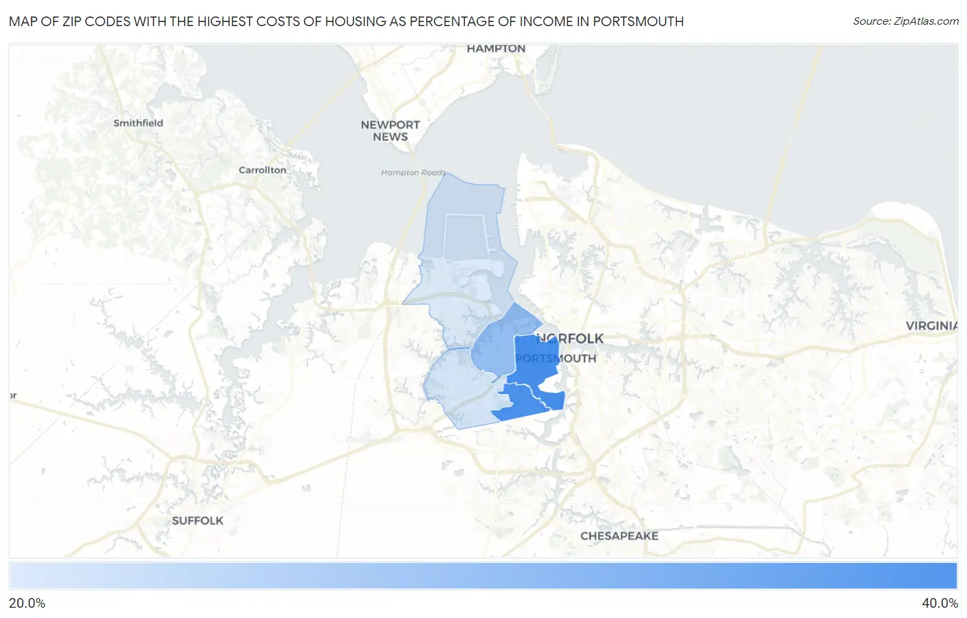 Zip Codes with the Highest Costs of Housing as Percentage of Income in Portsmouth Map