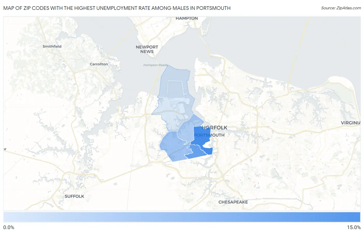 Zip Codes with the Highest Unemployment Rate Among Males in Portsmouth Map