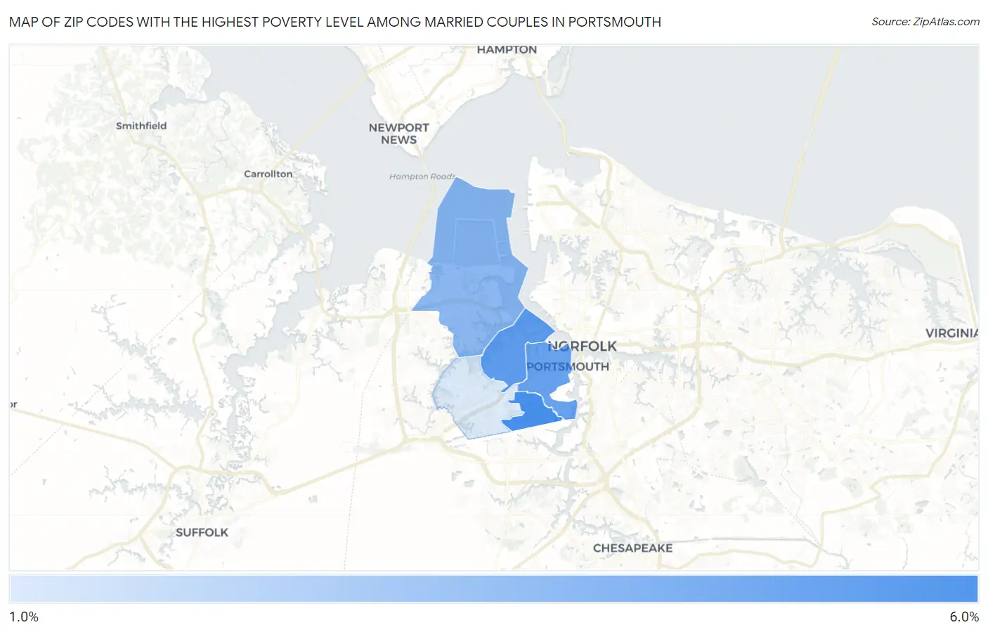 Zip Codes with the Highest Poverty Level Among Married Couples in Portsmouth Map