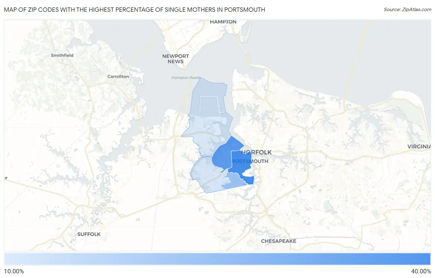 Zip Codes with the Highest Percentage of Single Mothers in Portsmouth Map