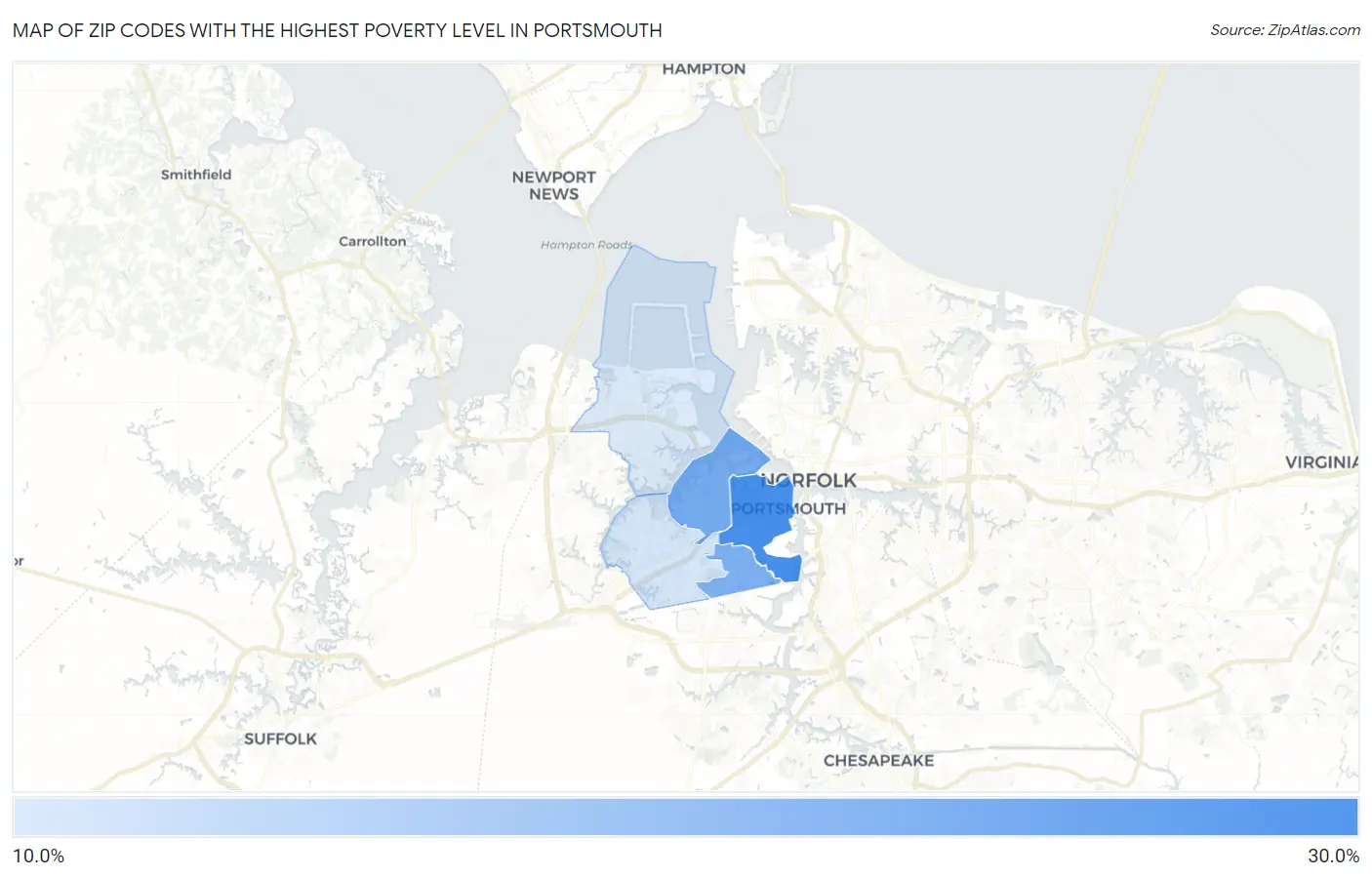Zip Codes with the Highest Poverty Level in Portsmouth Map