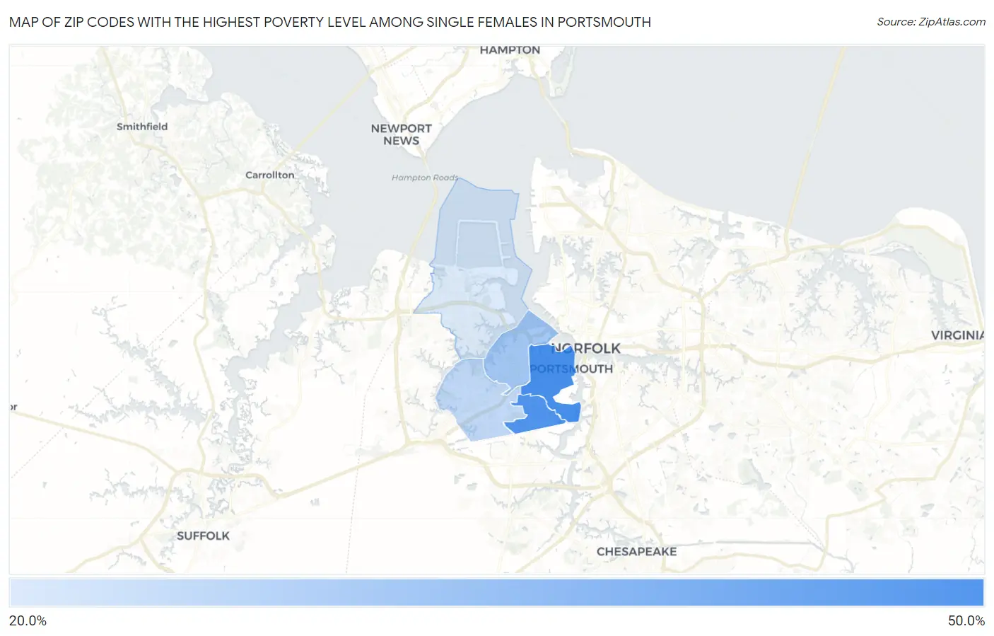 Zip Codes with the Highest Poverty Level Among Single Females in Portsmouth Map