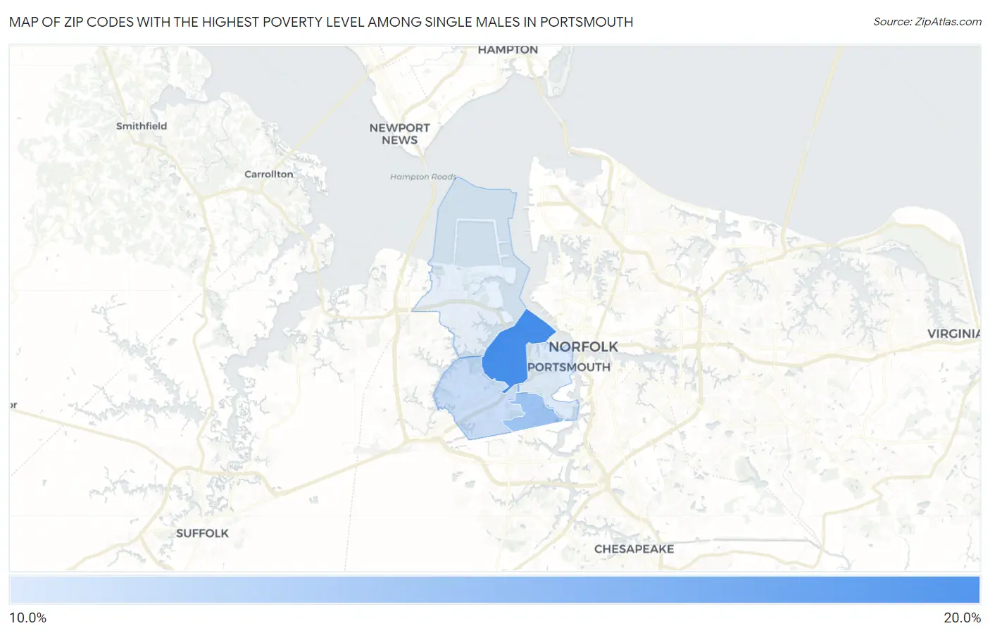 Zip Codes with the Highest Poverty Level Among Single Males in Portsmouth Map