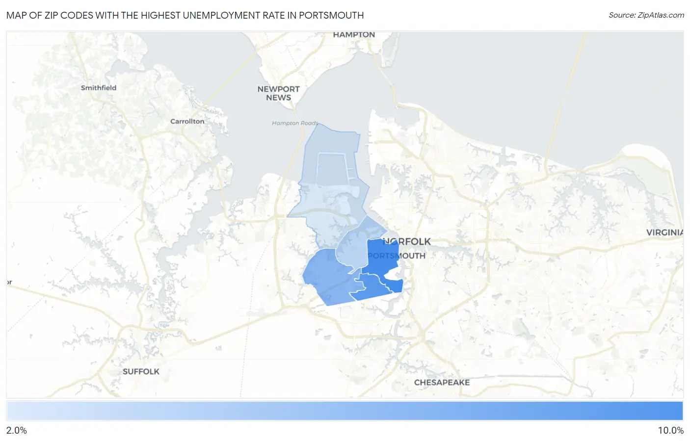 Zip Codes with the Highest Unemployment Rate in Portsmouth Map