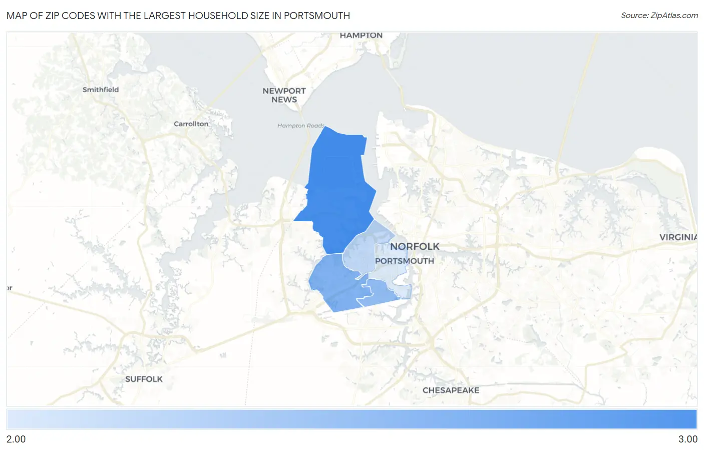 Zip Codes with the Largest Household Size in Portsmouth Map