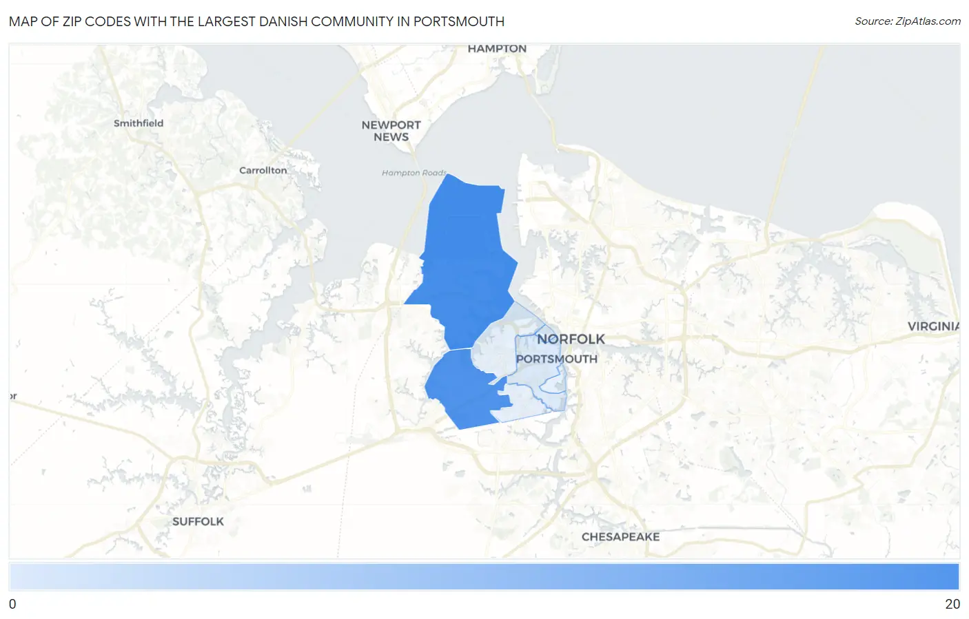 Zip Codes with the Largest Danish Community in Portsmouth Map