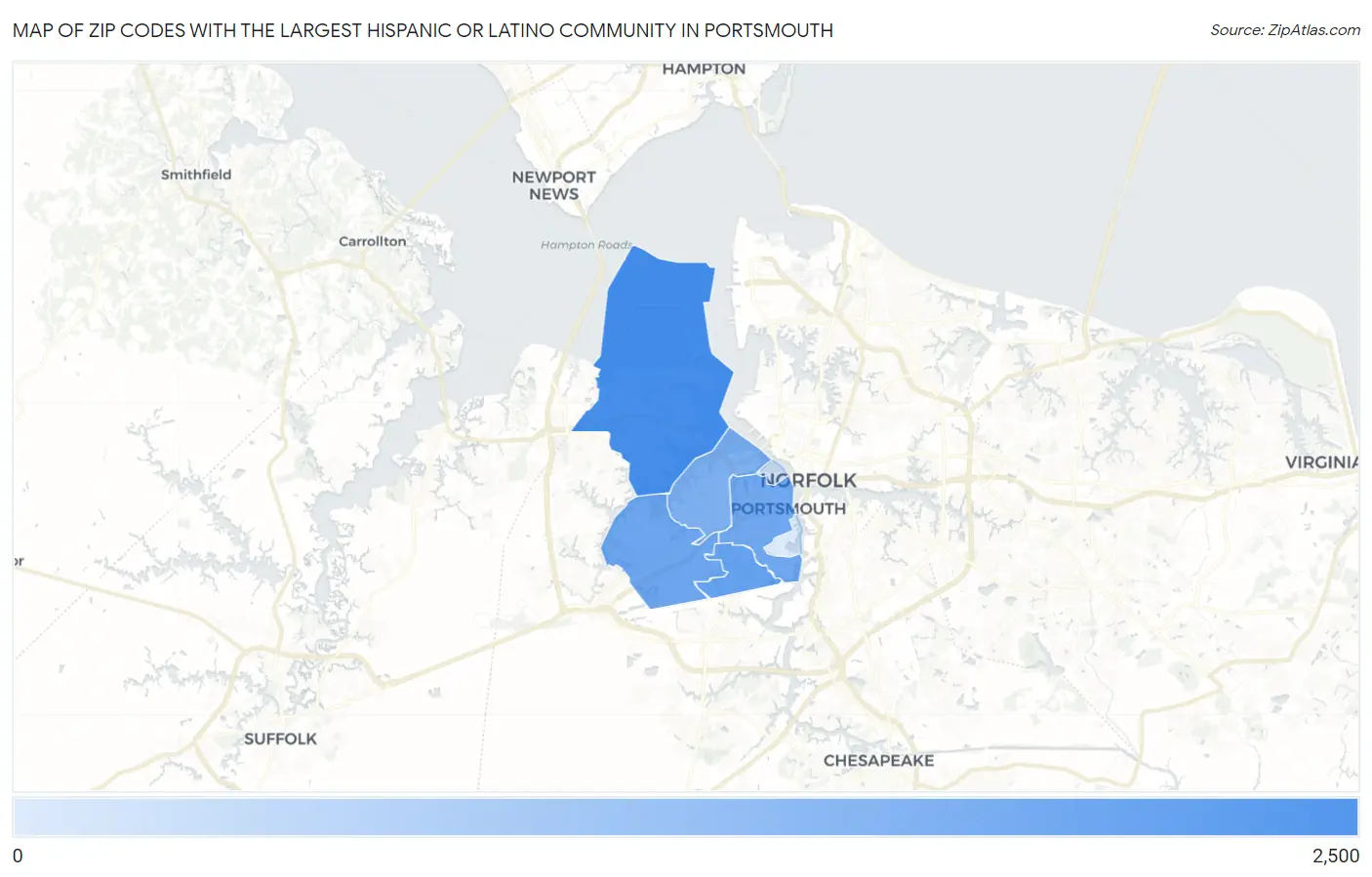 Zip Codes with the Largest Hispanic or Latino Community in Portsmouth Map