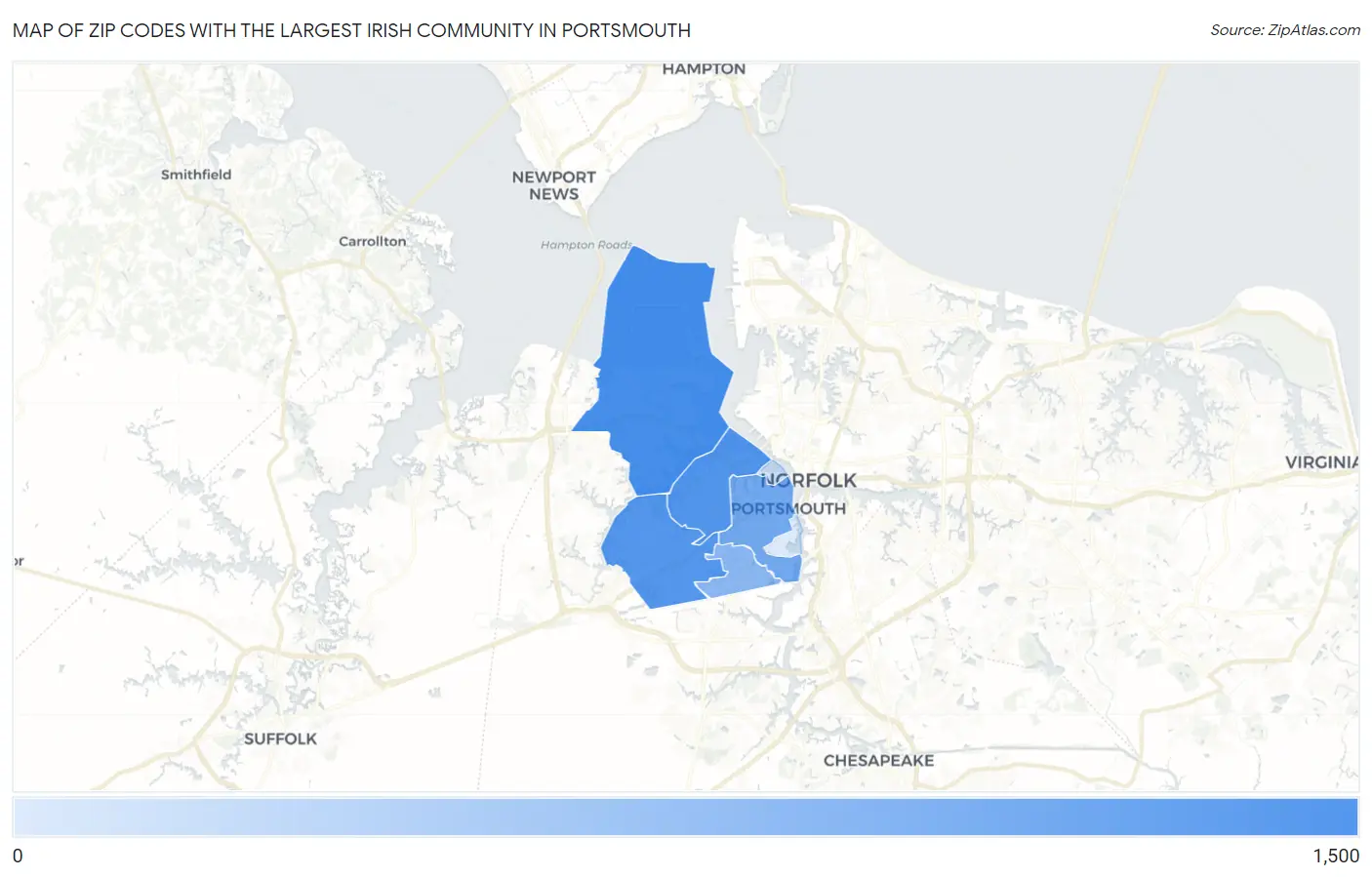 Zip Codes with the Largest Irish Community in Portsmouth Map