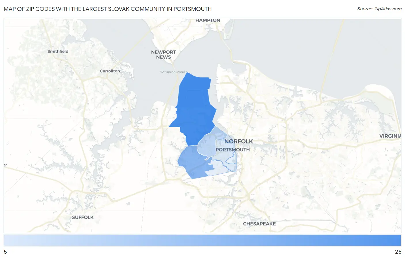 Zip Codes with the Largest Slovak Community in Portsmouth Map