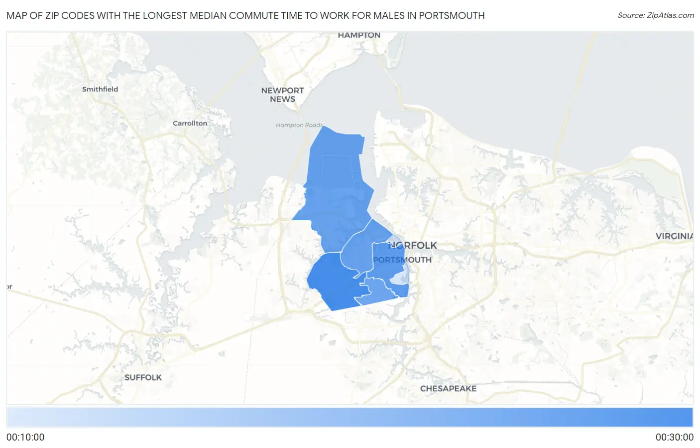 Zip Codes with the Longest Median Commute Time to Work for Males in Portsmouth Map