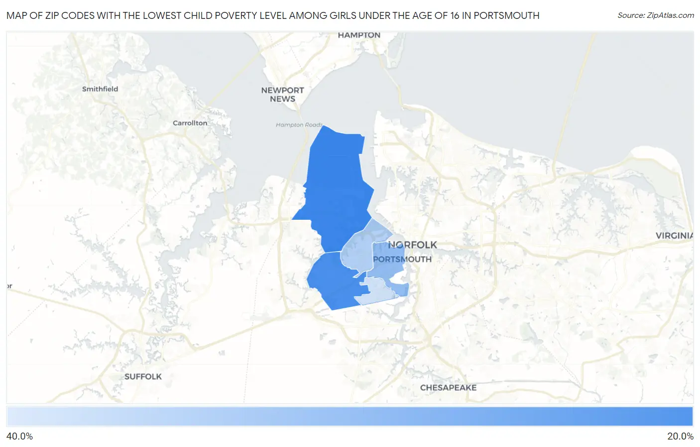Zip Codes with the Lowest Child Poverty Level Among Girls Under the Age of 16 in Portsmouth Map