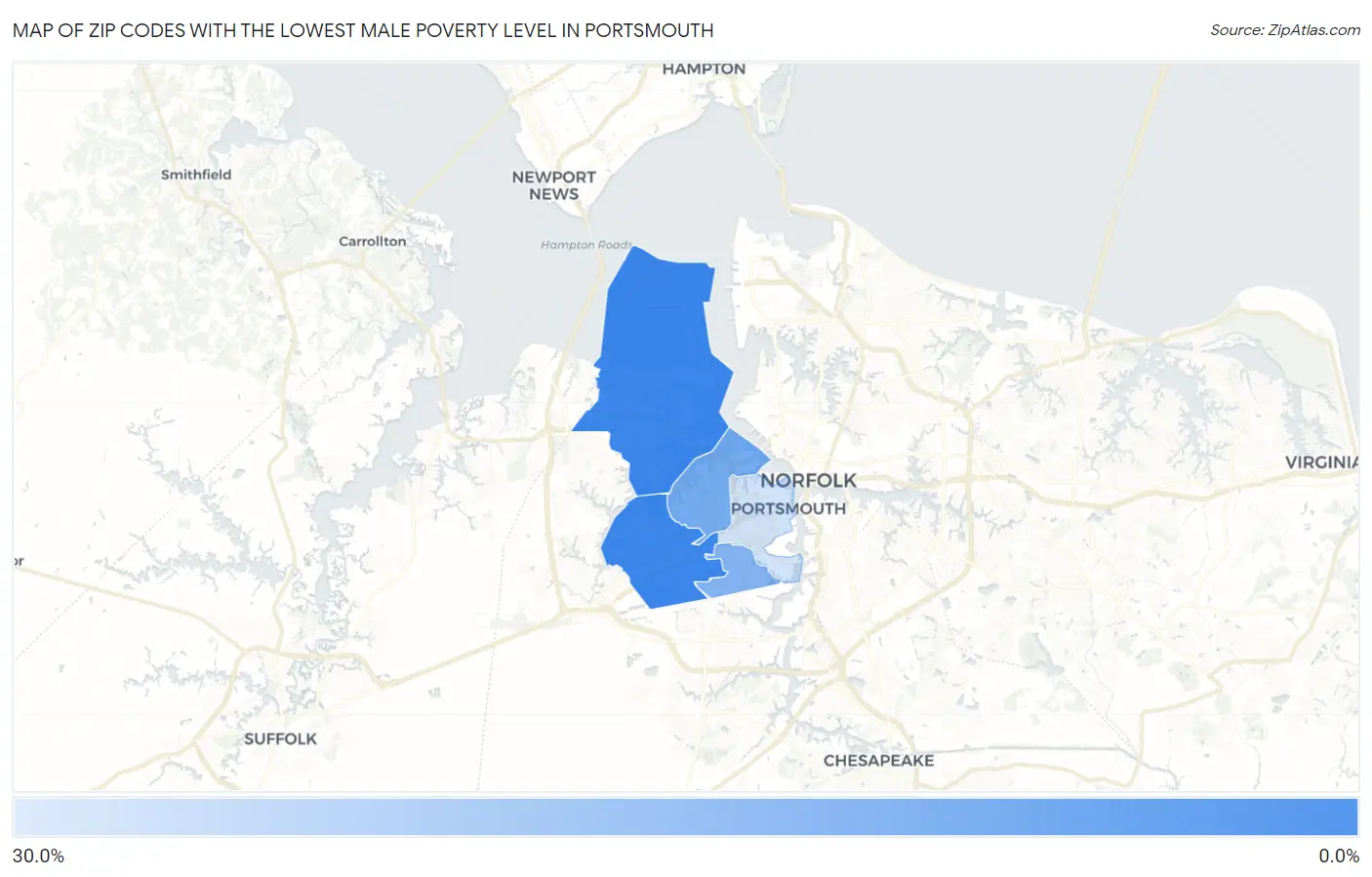 Zip Codes with the Lowest Male Poverty Level in Portsmouth Map