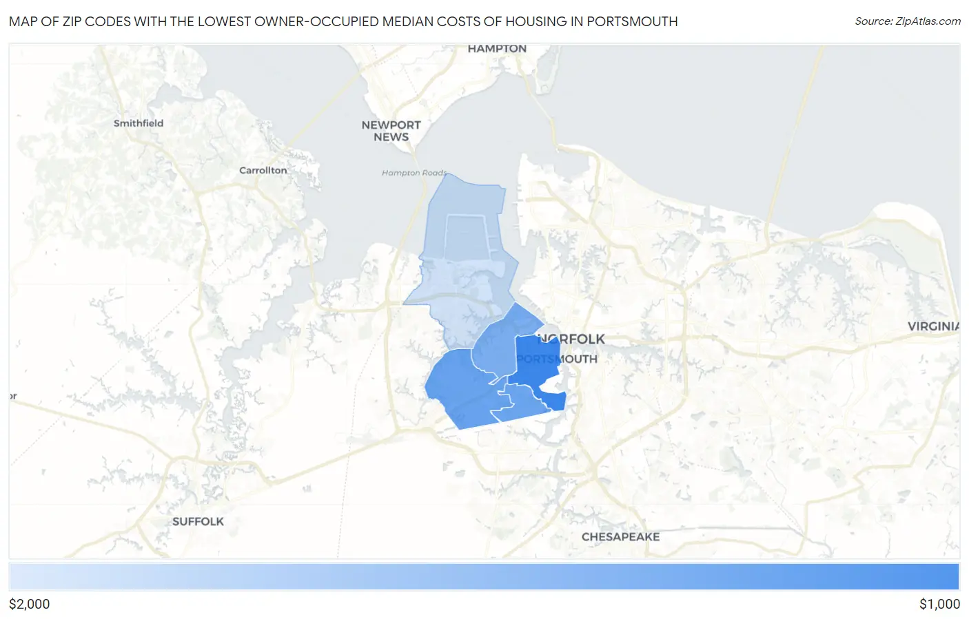 Zip Codes with the Lowest Owner-Occupied Median Costs of Housing in Portsmouth Map