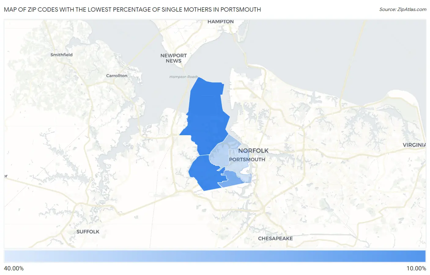 Zip Codes with the Lowest Percentage of Single Mothers in Portsmouth Map