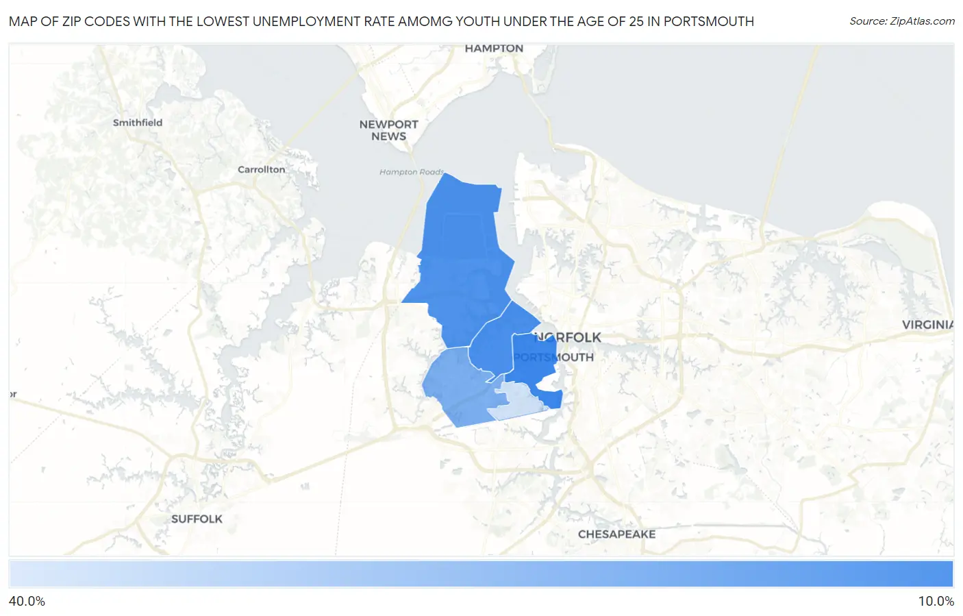 Zip Codes with the Lowest Unemployment Rate Amomg Youth Under the Age of 25 in Portsmouth Map