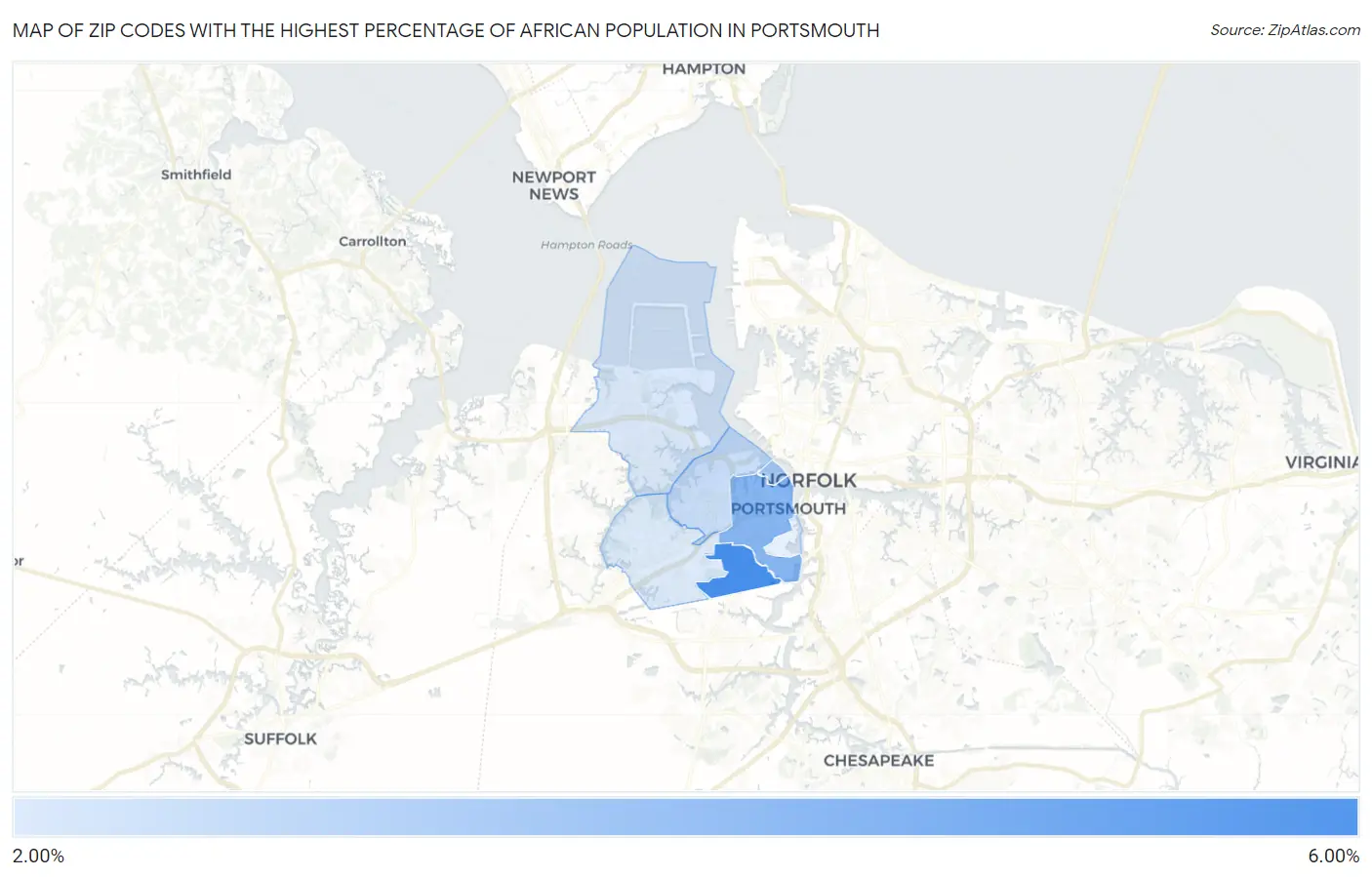 Zip Codes with the Highest Percentage of African Population in Portsmouth Map
