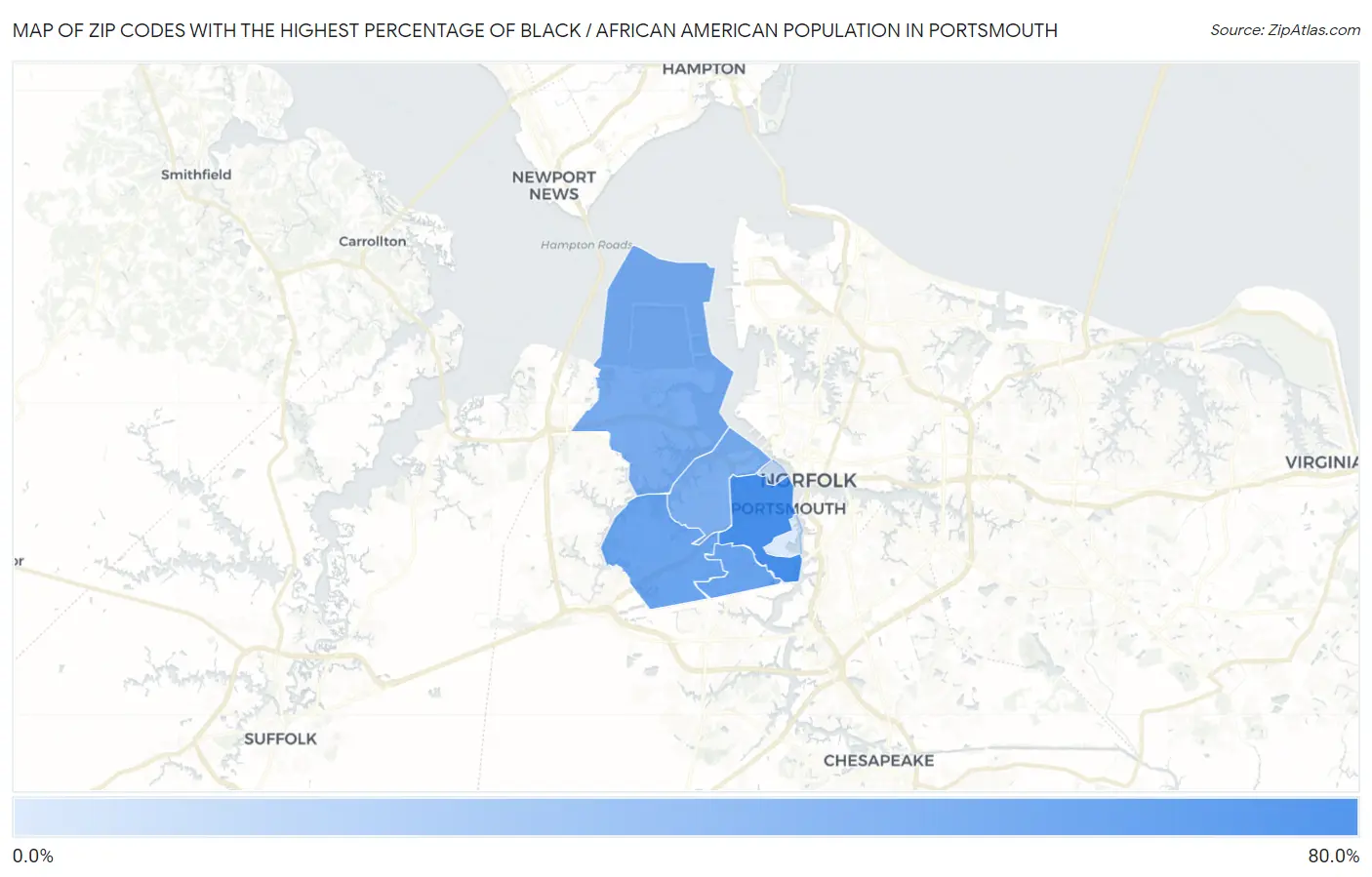 Zip Codes with the Highest Percentage of Black / African American Population in Portsmouth Map