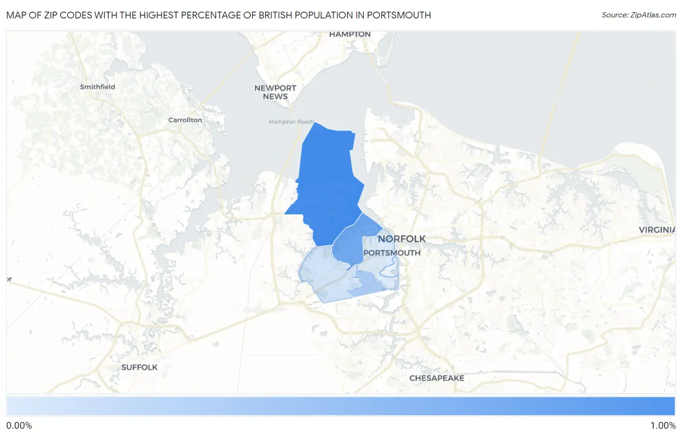 Zip Codes with the Highest Percentage of British Population in Portsmouth Map