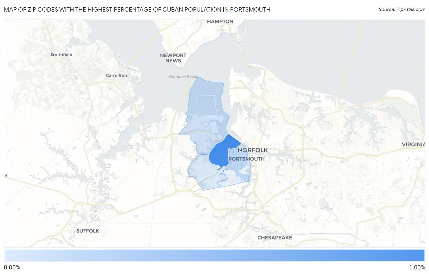 Zip Codes with the Highest Percentage of Cuban Population in Portsmouth Map