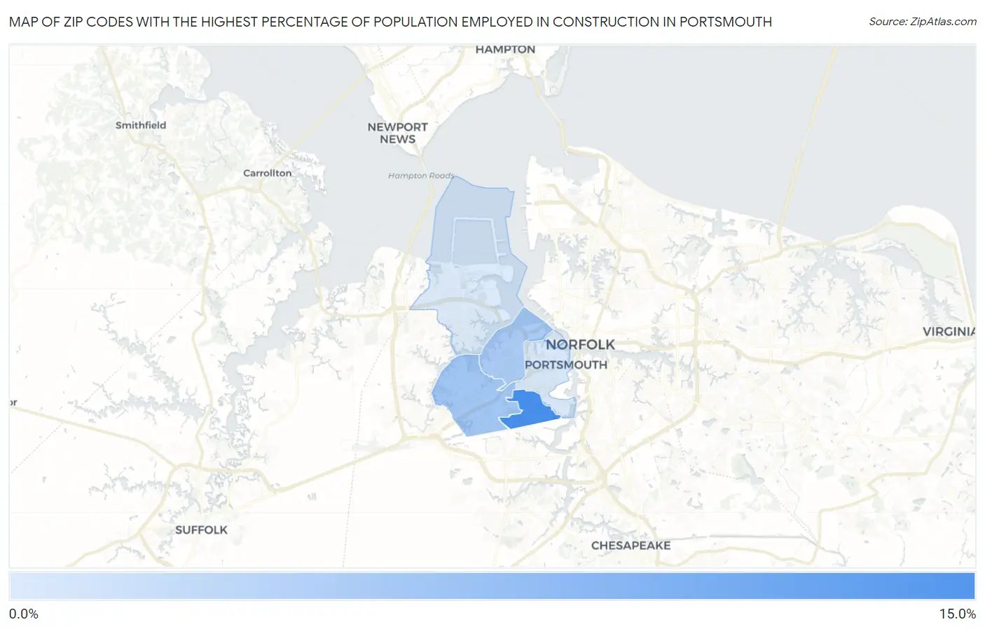 Zip Codes with the Highest Percentage of Population Employed in Construction in Portsmouth Map
