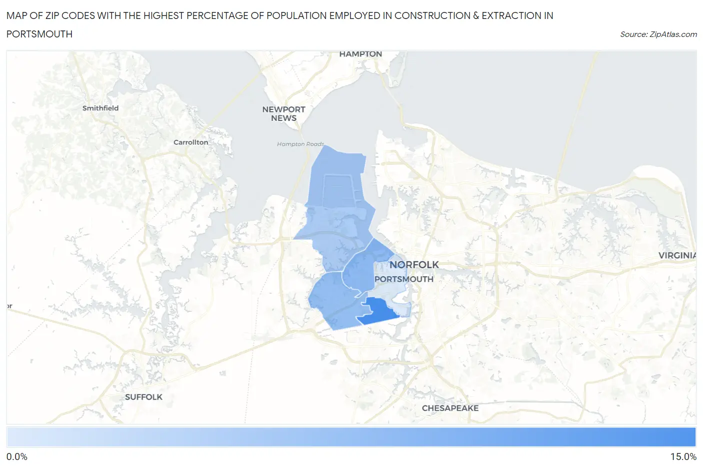 Zip Codes with the Highest Percentage of Population Employed in Construction & Extraction in Portsmouth Map