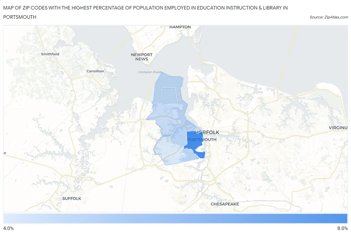 Zip Codes with the Highest Percentage of Population Employed in Education Instruction & Library in Portsmouth Map