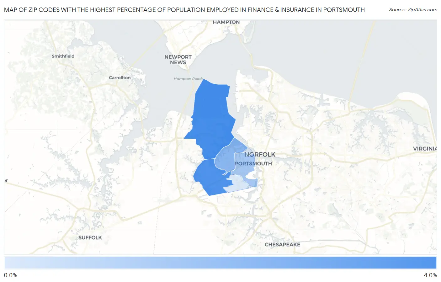 Zip Codes with the Highest Percentage of Population Employed in Finance & Insurance in Portsmouth Map