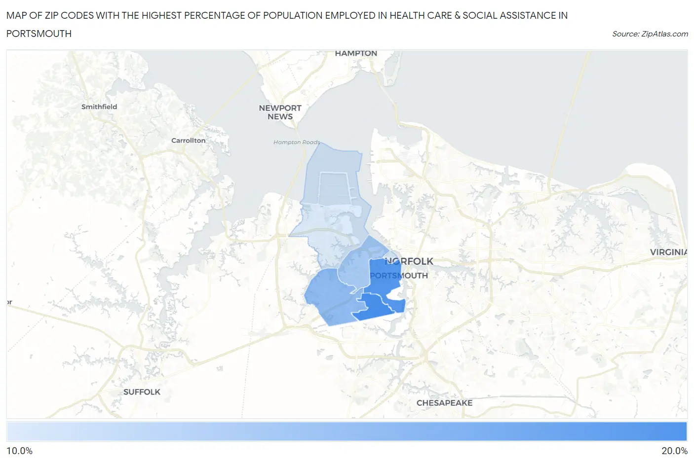 Zip Codes with the Highest Percentage of Population Employed in Health Care & Social Assistance in Portsmouth Map