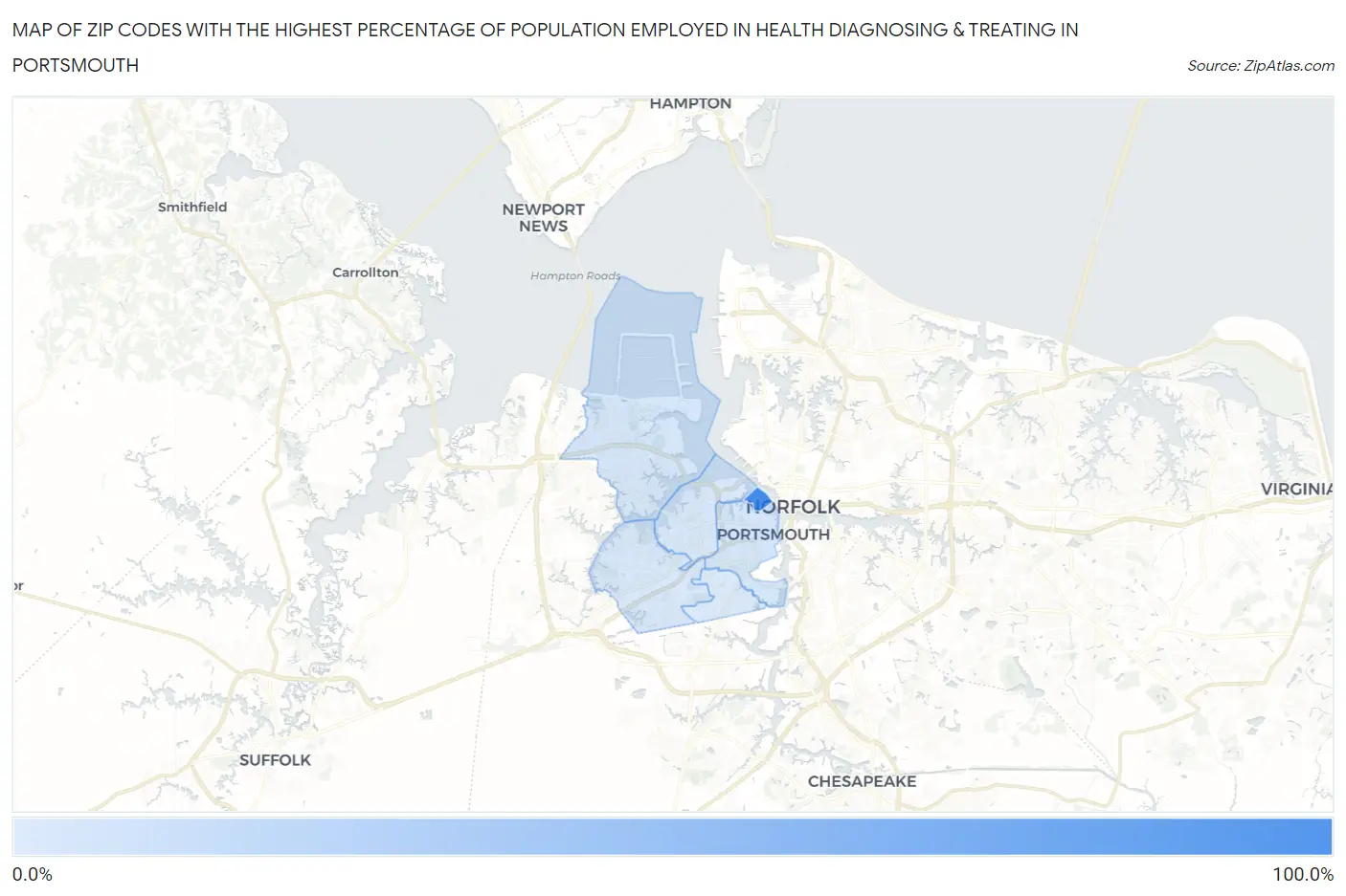 Zip Codes with the Highest Percentage of Population Employed in Health Diagnosing & Treating in Portsmouth Map