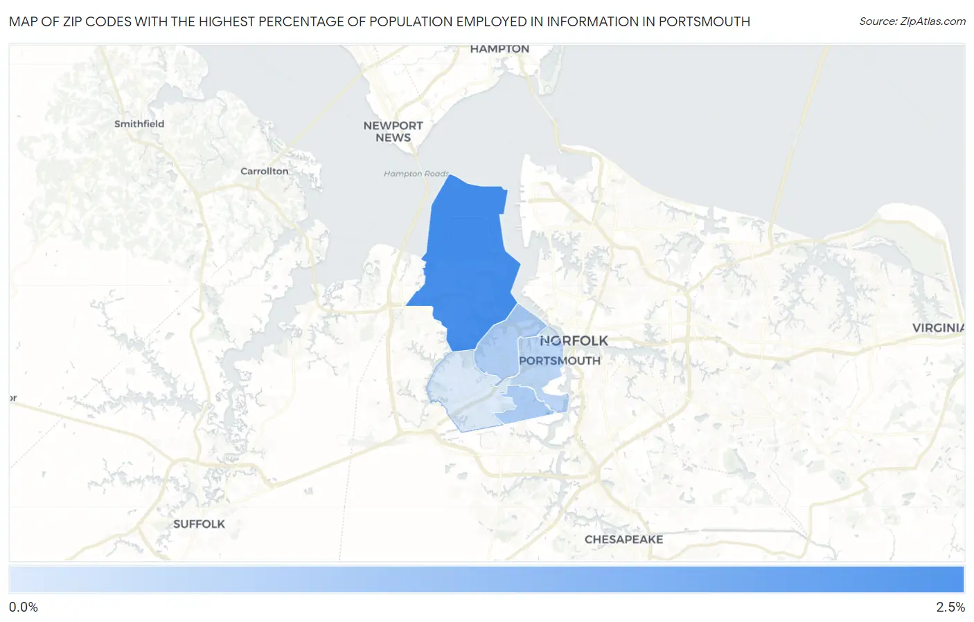 Zip Codes with the Highest Percentage of Population Employed in Information in Portsmouth Map