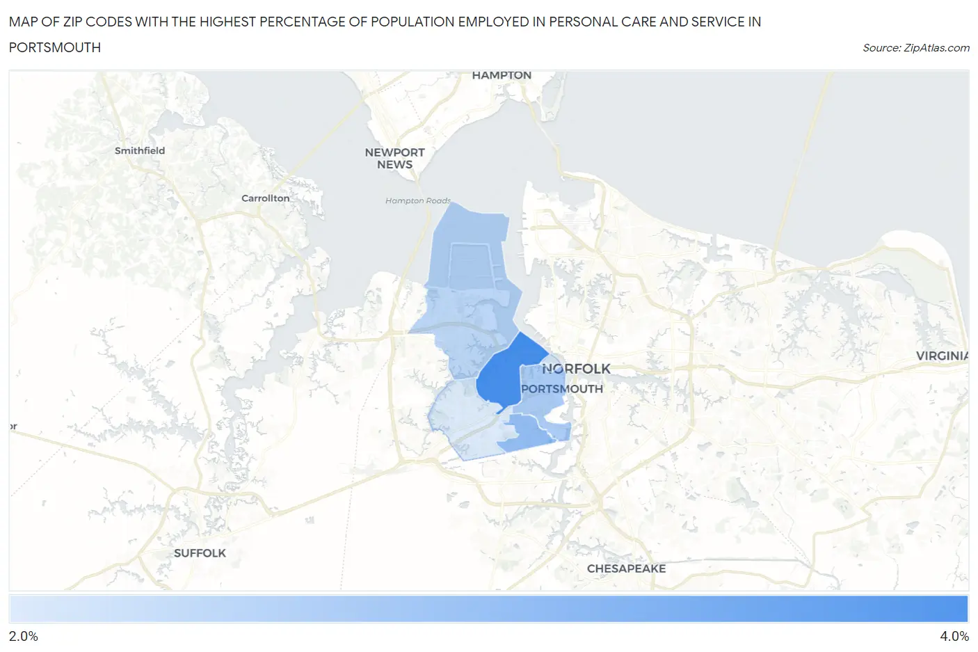 Zip Codes with the Highest Percentage of Population Employed in Personal Care and Service in Portsmouth Map