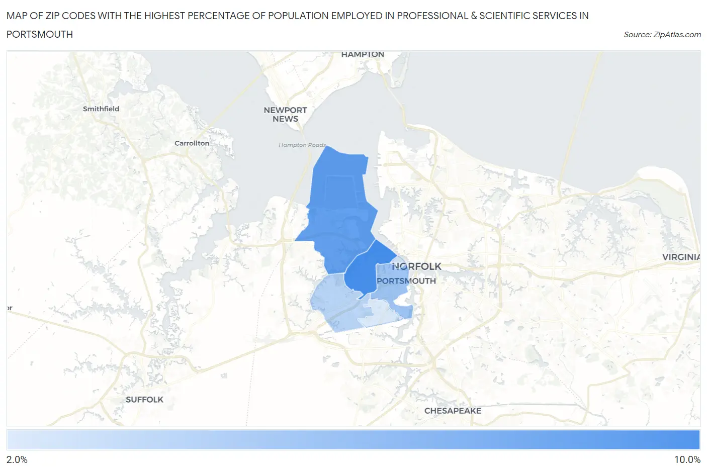 Zip Codes with the Highest Percentage of Population Employed in Professional & Scientific Services in Portsmouth Map