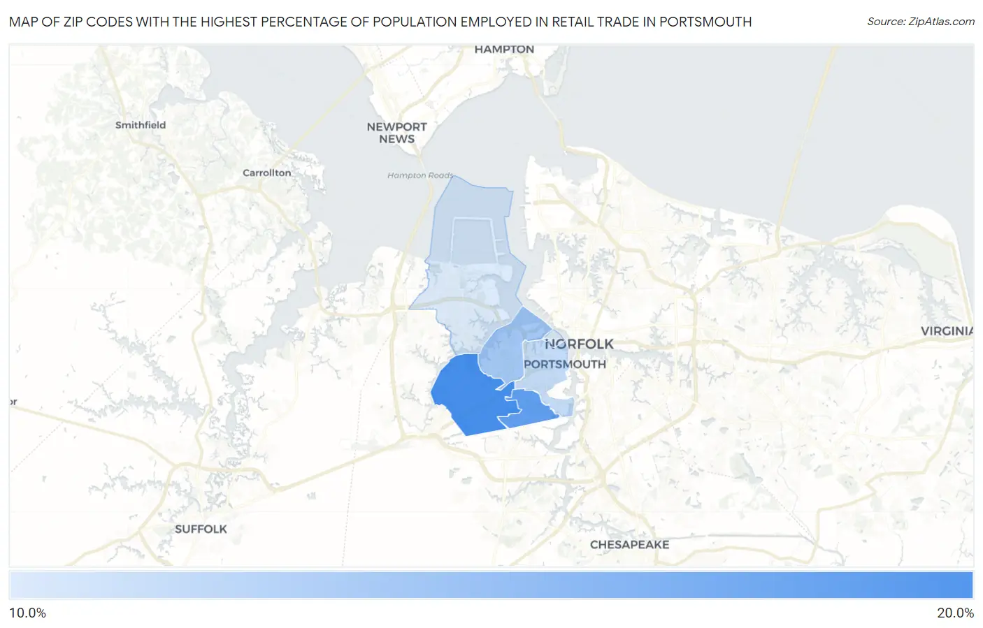 Zip Codes with the Highest Percentage of Population Employed in Retail Trade in Portsmouth Map