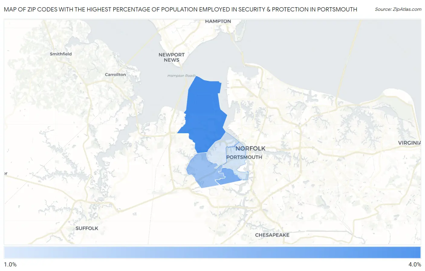 Zip Codes with the Highest Percentage of Population Employed in Security & Protection in Portsmouth Map