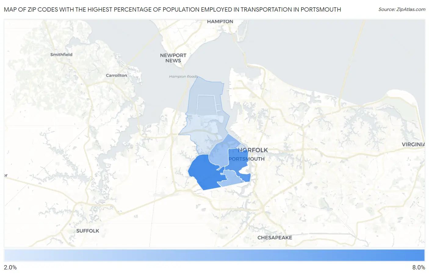 Zip Codes with the Highest Percentage of Population Employed in Transportation in Portsmouth Map
