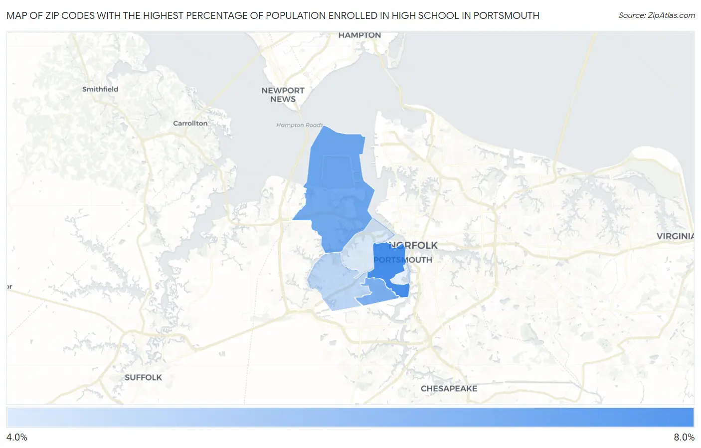 Zip Codes with the Highest Percentage of Population Enrolled in High School in Portsmouth Map