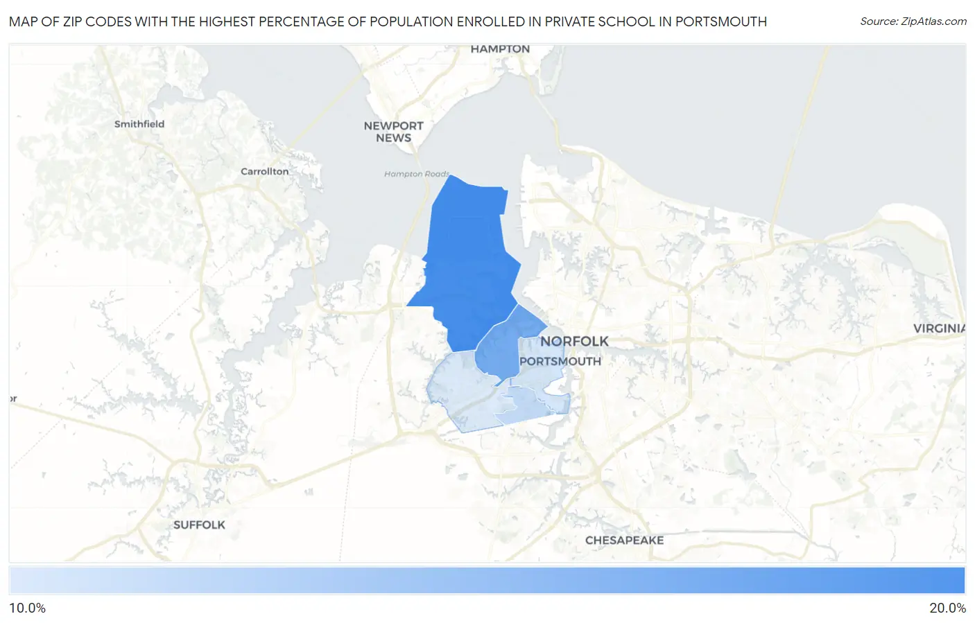 Zip Codes with the Highest Percentage of Population Enrolled in Private School in Portsmouth Map