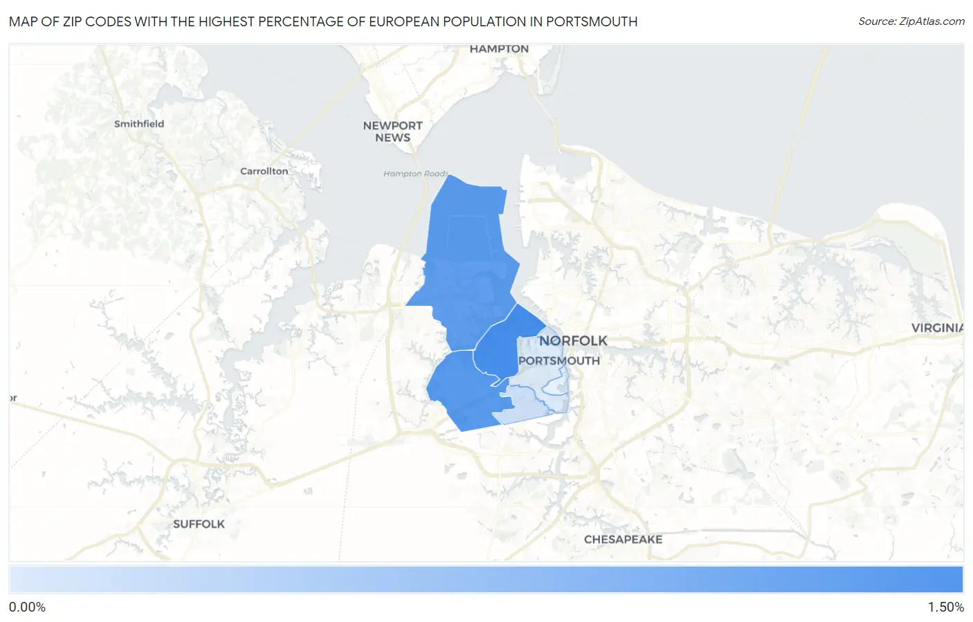 Zip Codes with the Highest Percentage of European Population in Portsmouth Map
