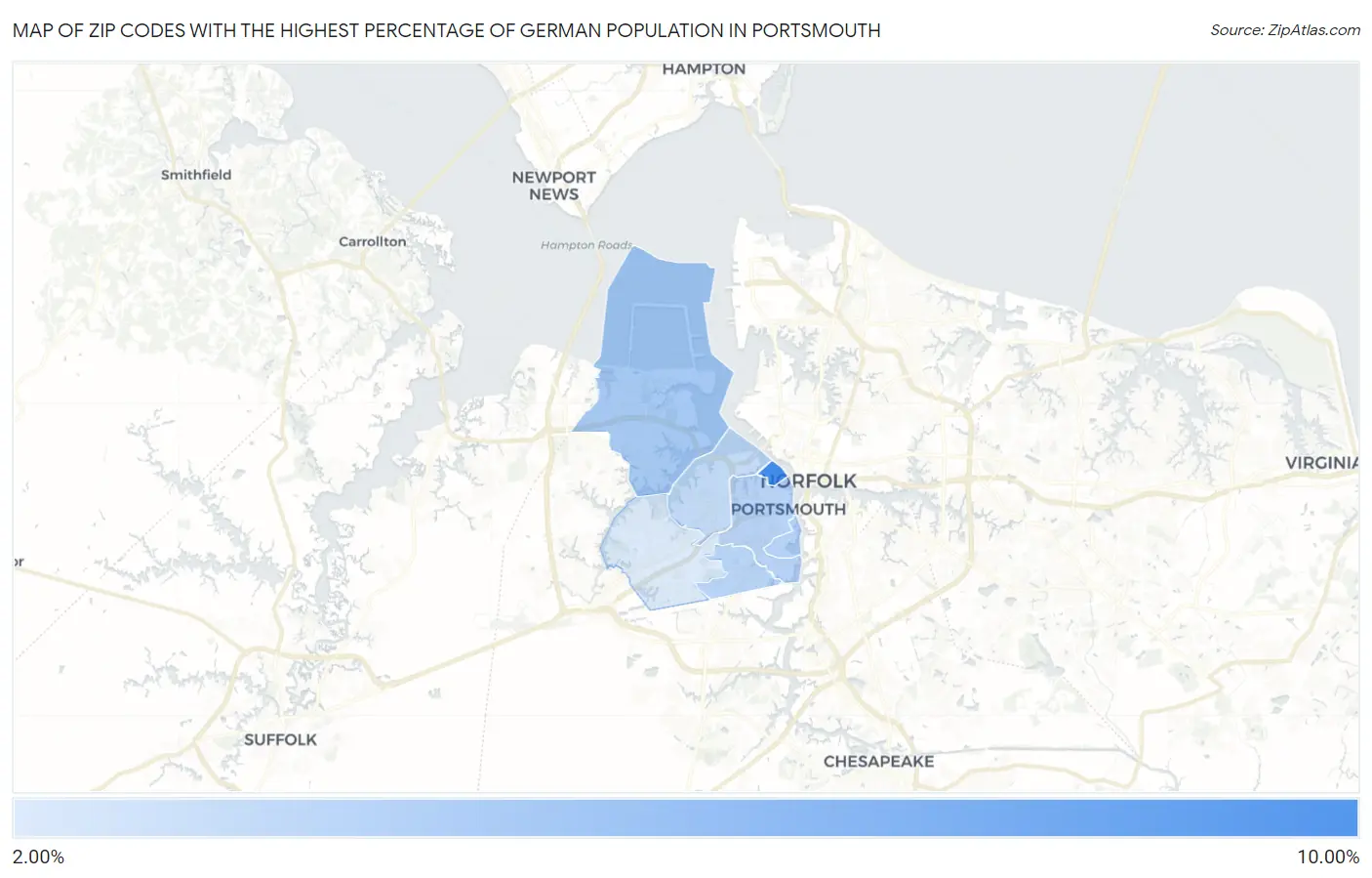 Zip Codes with the Highest Percentage of German Population in Portsmouth Map
