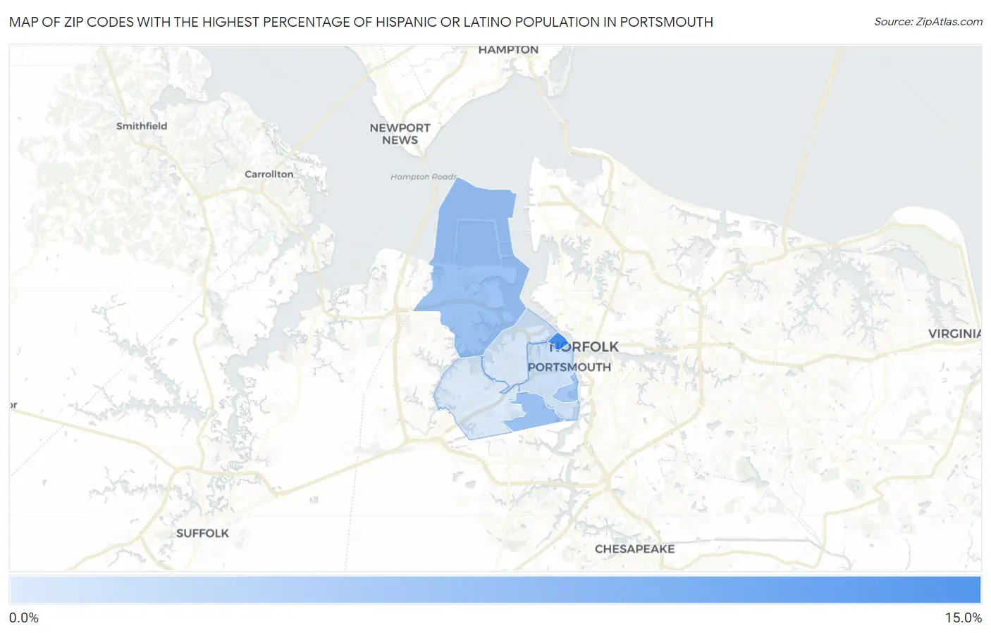 Zip Codes with the Highest Percentage of Hispanic or Latino Population in Portsmouth Map