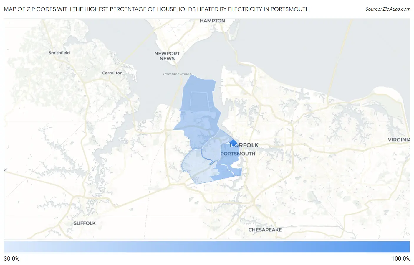 Zip Codes with the Highest Percentage of Households Heated by Electricity in Portsmouth Map