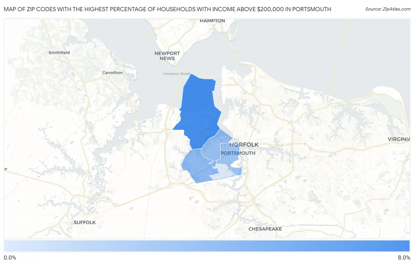 Zip Codes with the Highest Percentage of Households with Income Above $200,000 in Portsmouth Map
