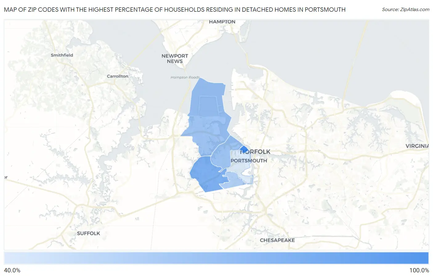 Zip Codes with the Highest Percentage of Households Residing in Detached Homes in Portsmouth Map