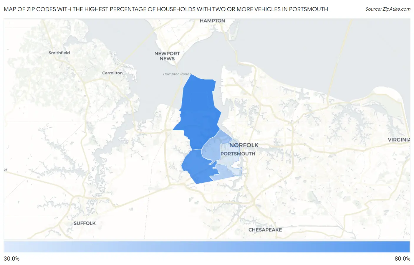 Zip Codes with the Highest Percentage of Households With Two or more Vehicles in Portsmouth Map