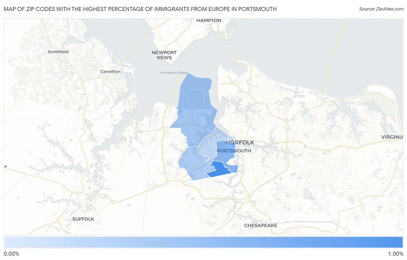 Zip Codes with the Highest Percentage of Immigrants from Europe in Portsmouth Map