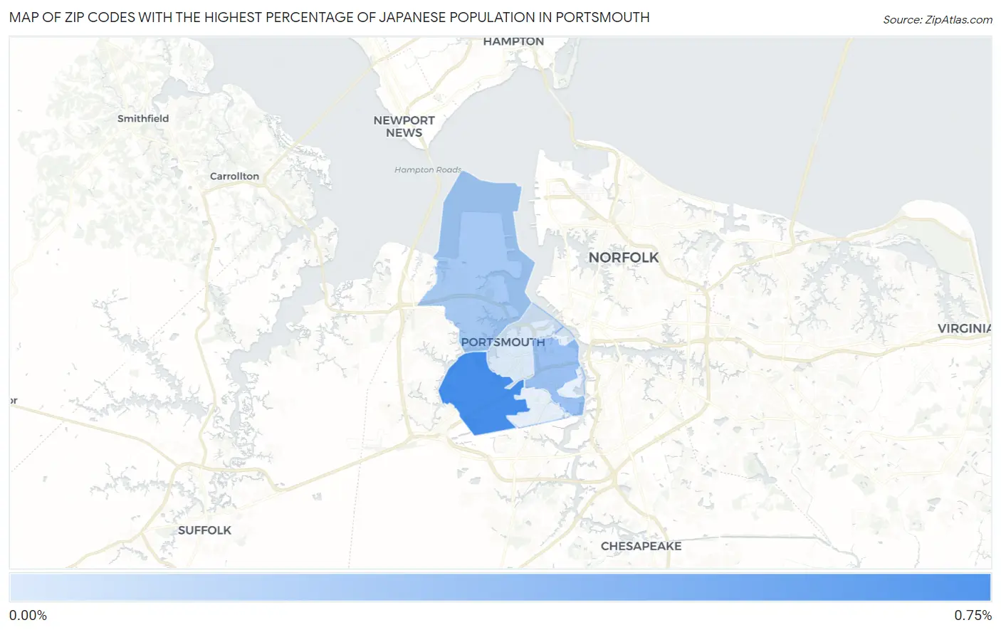 Zip Codes with the Highest Percentage of Japanese Population in Portsmouth Map