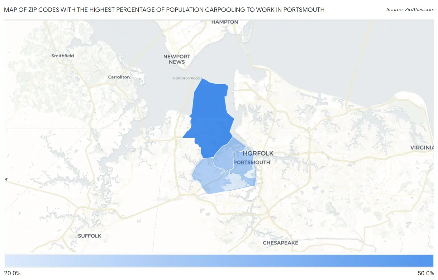Zip Codes with the Highest Percentage of Population Carpooling to Work in Portsmouth Map