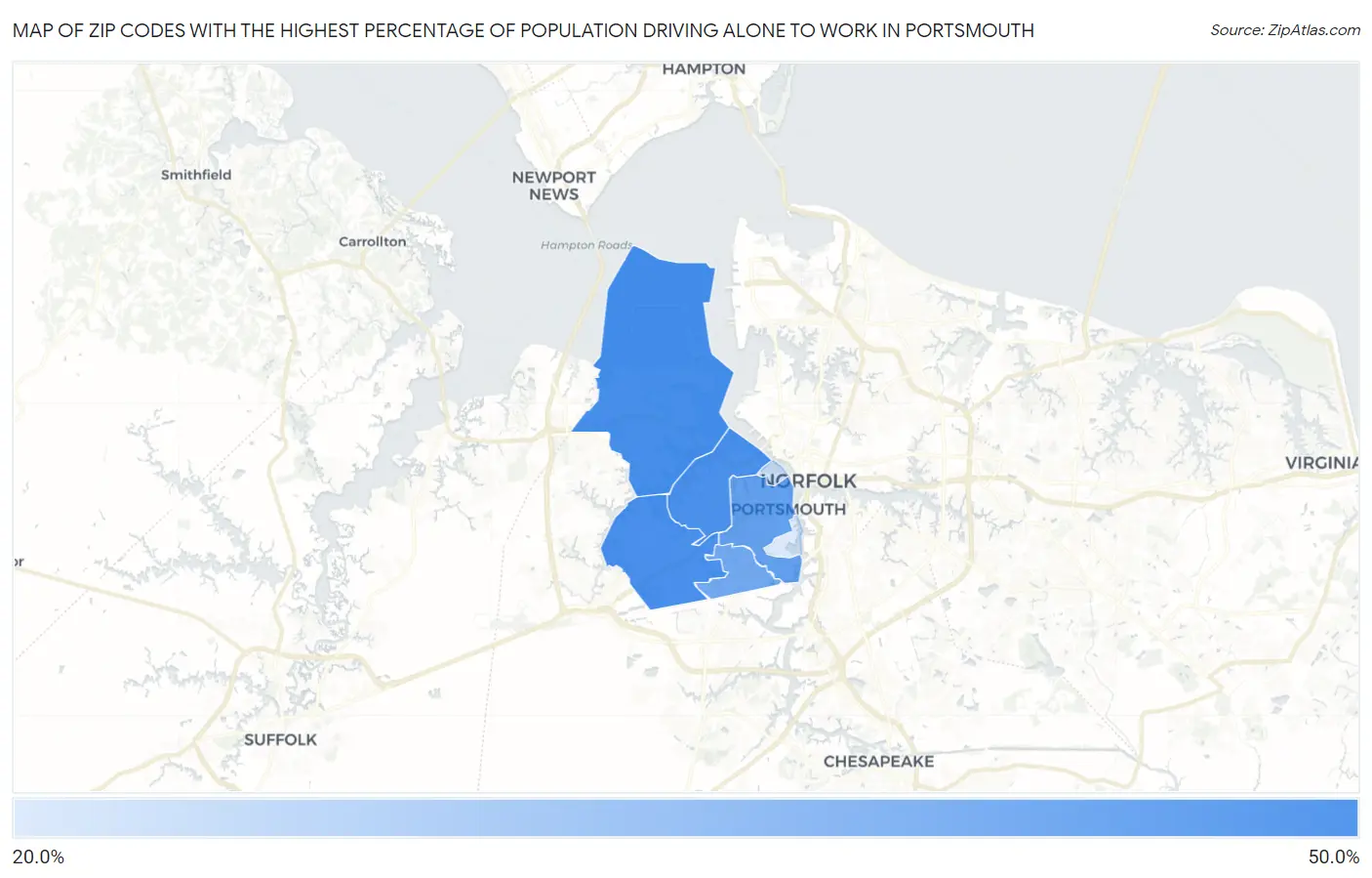 Zip Codes with the Highest Percentage of Population Driving Alone to Work in Portsmouth Map