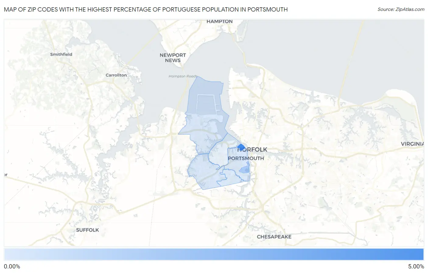 Zip Codes with the Highest Percentage of Portuguese Population in Portsmouth Map
